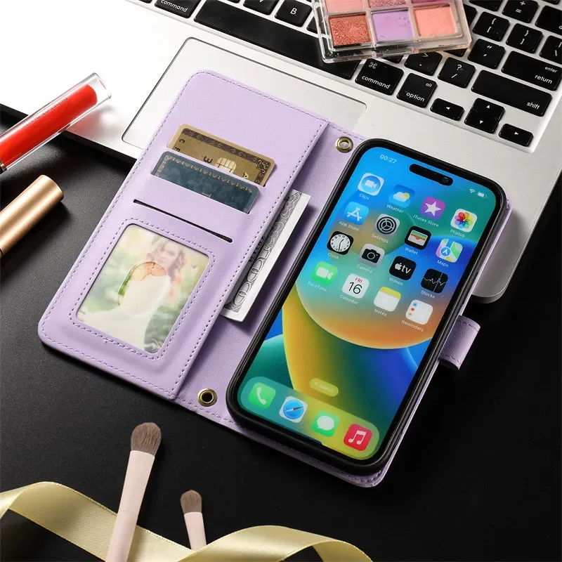 Material: Polyester, Color: light green - Long lanyard Flip Leather Phone Case for Samsung Galaxy S24 Ultra S23 FE S22 S21 S20 S10 Plus Wallet Card Cover Coque