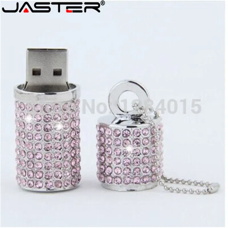 Color: Pink, Capacity: 64GB - JASTER Crystal cylindrical USB Flash Drive fashion metal diamond pen driveu disk pendrive 4GB 8GB 16GB 32GB 64GB memory stick