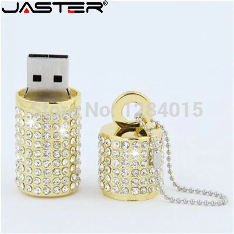 Color: Pink, Capacity: 64GB - JASTER Crystal cylindrical USB Flash Drive fashion metal diamond pen driveu disk pendrive 4GB 8GB 16GB 32GB 64GB memory stick