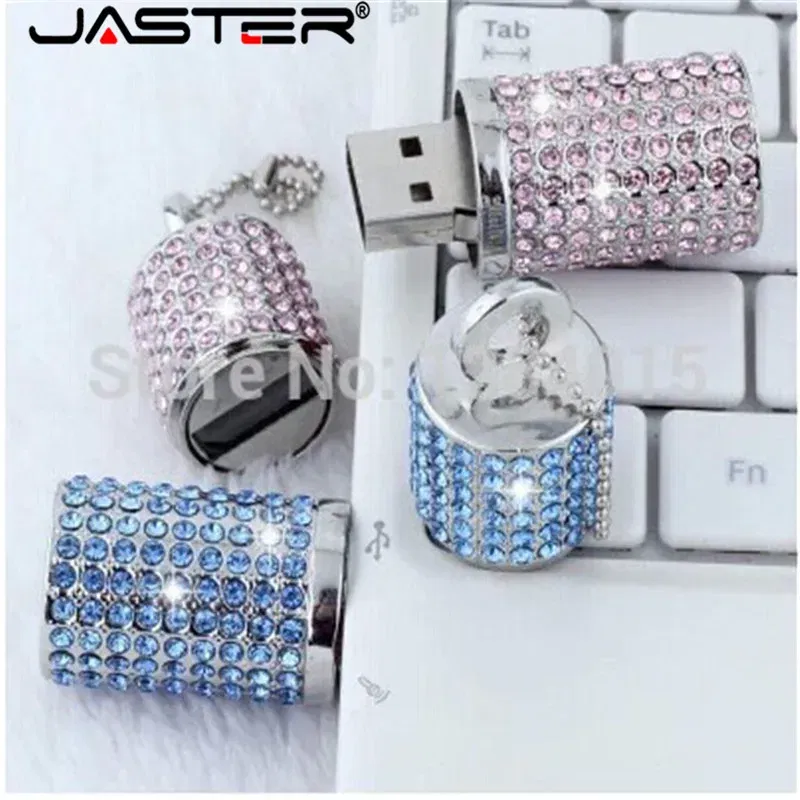 Color: Pink, Capacity: 64GB - JASTER Crystal cylindrical USB Flash Drive  fashion metal diamond pen driveu disk pendrive 4GB 8GB 16GB 32GB 64GB memory stick