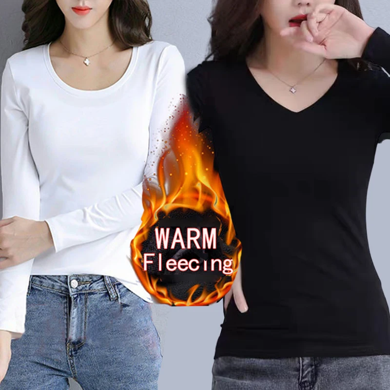 Color: green, Size: L - O Neck Long Sleeve Fleeceing Heating Fiber Thermal Basic T-Shirts Women Winter Bottoming Cropped Tops Casual Skinny All-match