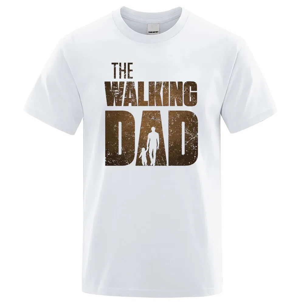 Color: WHITE, Size: S - The Walking Dad Funny Street Printed T-Shirts Men Fashion Summer Tshirt Loose Oversized Cotton Short Sleeves Casual Hip Hop Tees