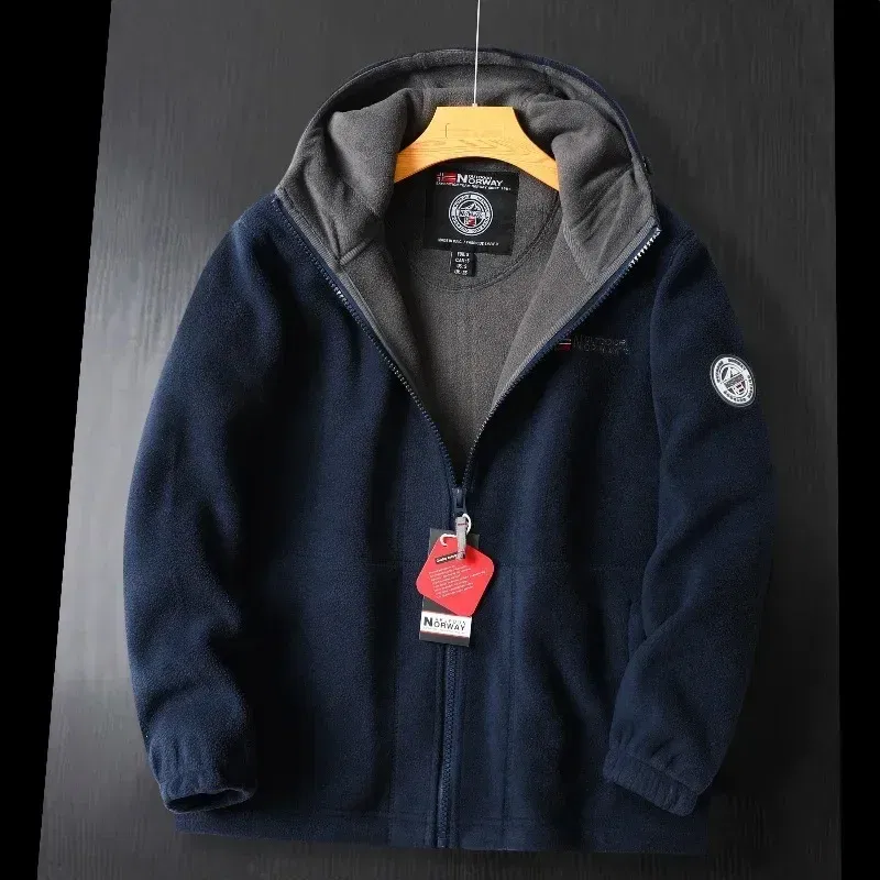 Color: Navy Blue, Size: XL - Winter Wool Jacket Men's High-end Embroidered Thickened Fleece Windproof Jacket Outdoor Snow Cold-proof Men's Warm Hooded Coat