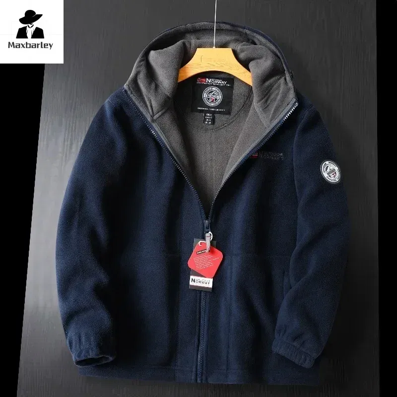 Color: Navy Blue, Size: XL - Winter Wool Jacket Men's High-end Embroidered Thickened Fleece Windproof Jacket Outdoor Snow Cold-proof Men's Warm Hooded Coat