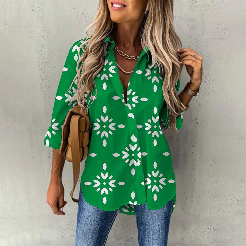 Color: SKY BLUE, Size: S - Ladies Long Sleeved Shirt Vacation Style Coconut Tree 3D Digital Printed Button Up Collar Loose Casual Ladies Blouse 2024 Autumn
