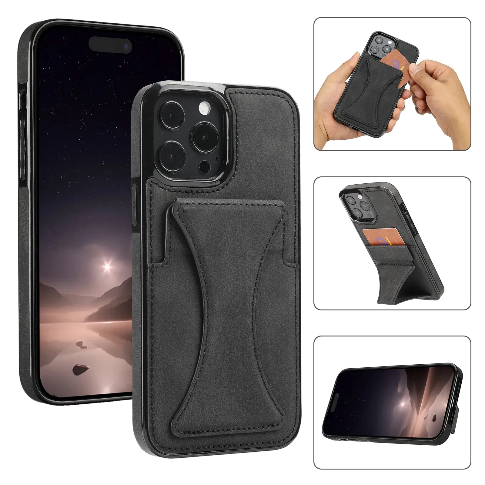 Color: black, Material: Cotton Fabric - For iPhone 16 Pro Max Plus Case 2024 With Magnetic Leather Kickstand Card Slot Wallet Back Cover Protection Shockproof Coque