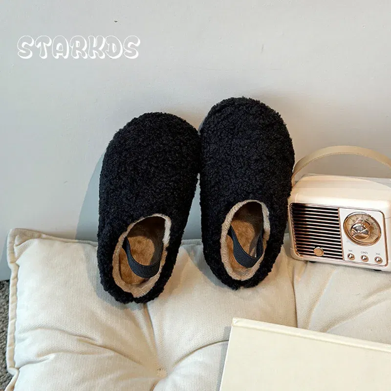 Color: Dark Khaki, Shoe Size: 22 - Teddy Fur Mule For Baby Kids Winter Warm Plush Slipper Toddler Child Casual Pull-on Fluffy Cotton Shoe with Back Elastic Strap