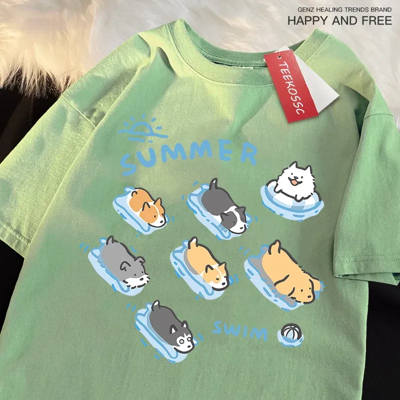 Color: Pink, Size: XL - Fun Cat And Dog Swimming Japanese Style T-Shirt Female Casual Loose T-Shirts Summer Cotton Tops Fashion Breathable Tee Clothing