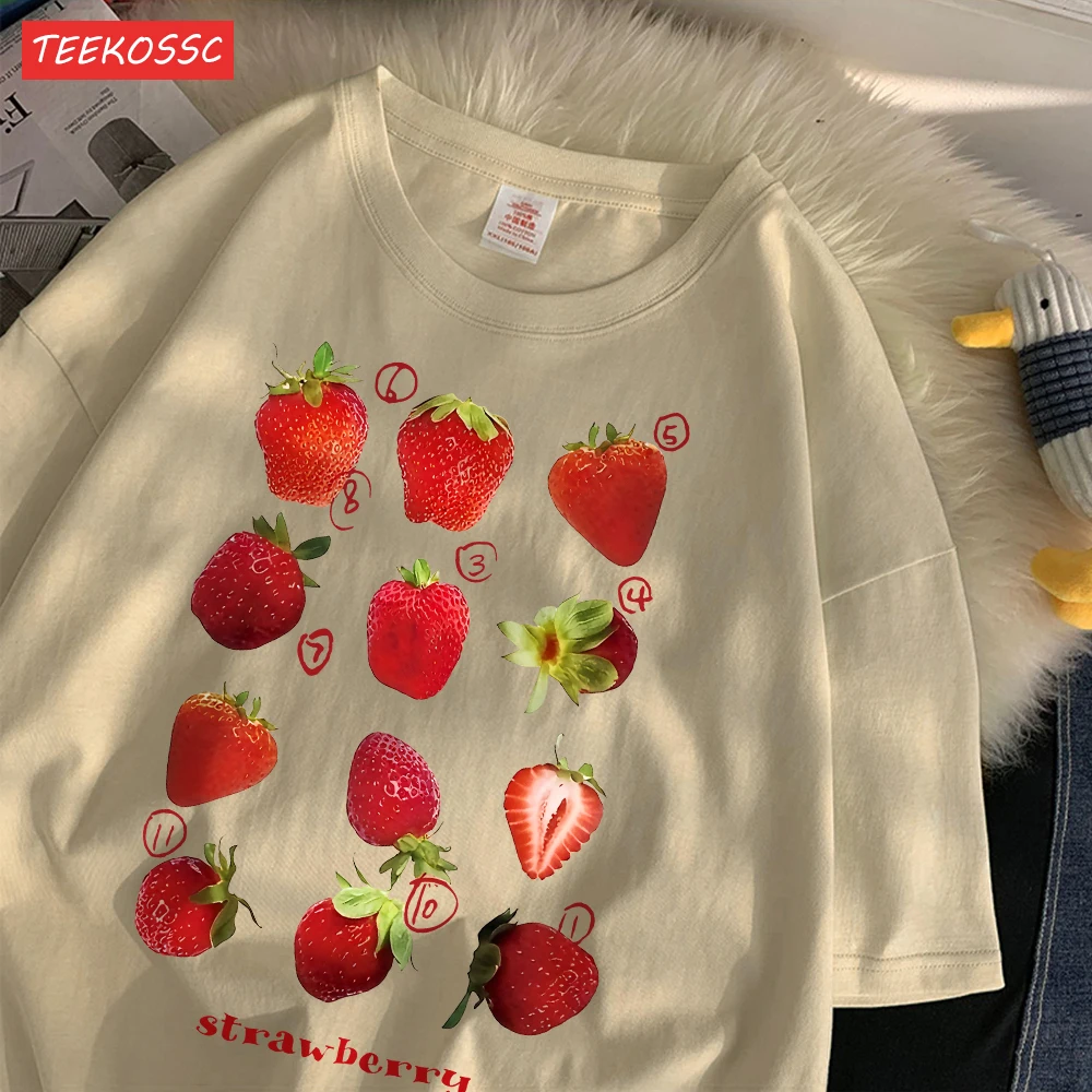 Color: Dark Grey, Size: S - 100% Cotton Women T-shirt Cute Fresh Strawberries Printed Tee Shirt Summer Comfortable Loose Tops Street Fashion Female Clothes