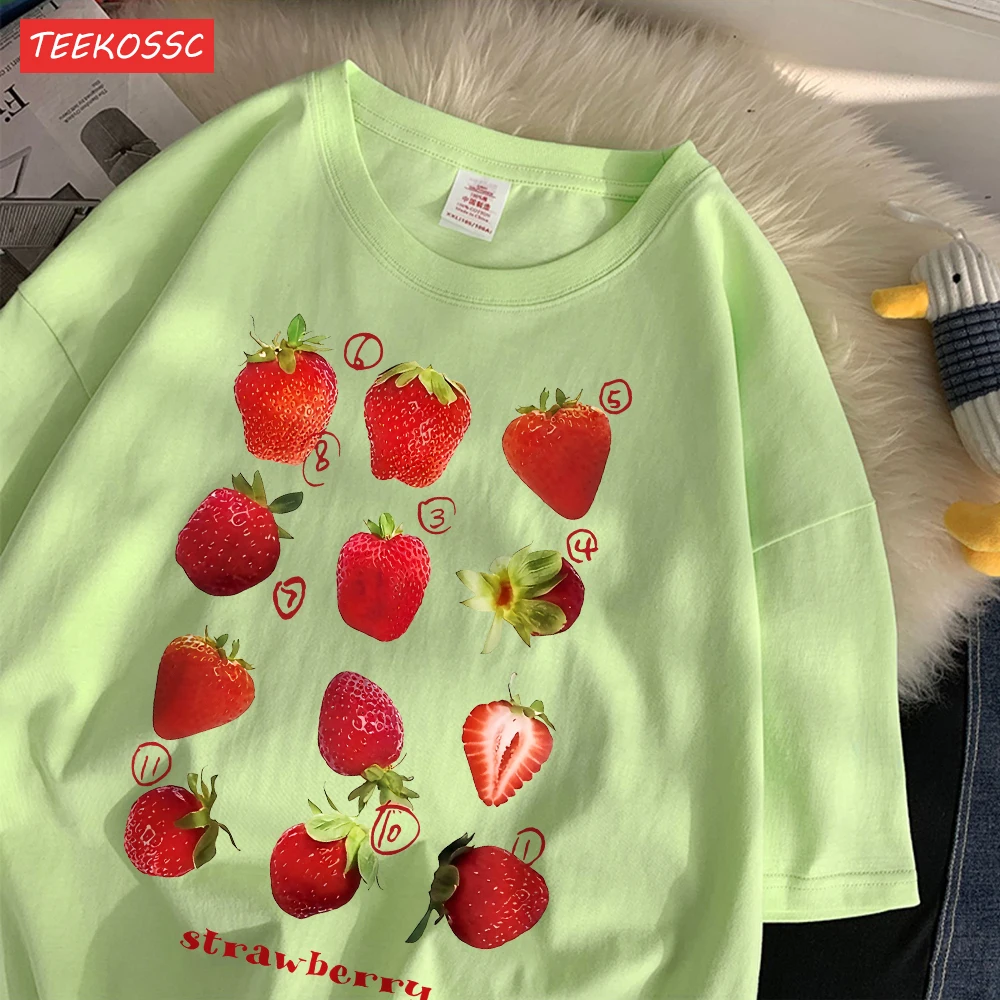 Color: Dark Grey, Size: S - 100% Cotton Women T-shirt Cute Fresh Strawberries Printed Tee Shirt Summer Comfortable Loose Tops Street Fashion Female Clothes