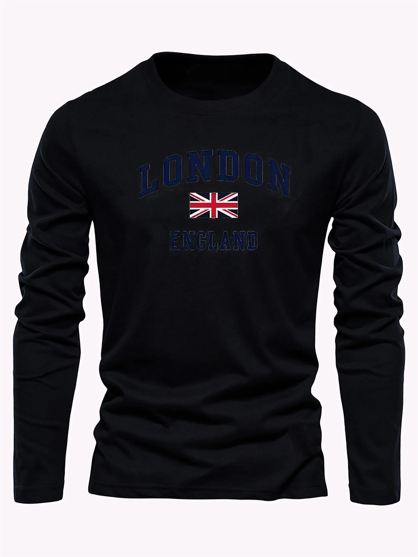 Color: black, Size: XS - Spring and Autumn 100% Cotton Men's London ENGLAND Letter Printed Loose Sport and Leisure Round Neck Long Sleeve T-shirt