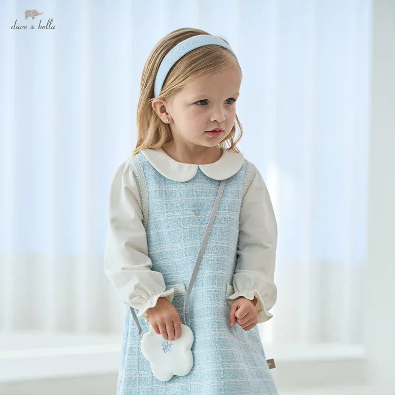 Color: Gold, Kid Size: 26 - Dave Bella Children's Dress 2025 Spring New Girls Baby Gentle Cute Fake Two piece Baby Elegant Princess Dress Party DB1250299