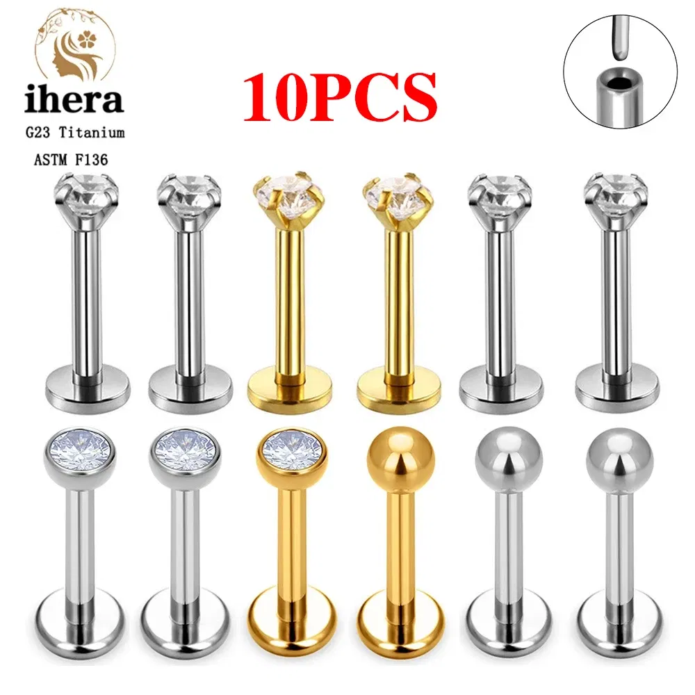 Metal color: Gold-color, Ships From: CHINA, Main Stone Color: Brown - 10PCS G23 Titanium Lip Ring Labret Piercing Stud Earring CZ 16/18/20G Push Pin Ear Tragus Cartilage Helix Conch Pierc? Jewelry