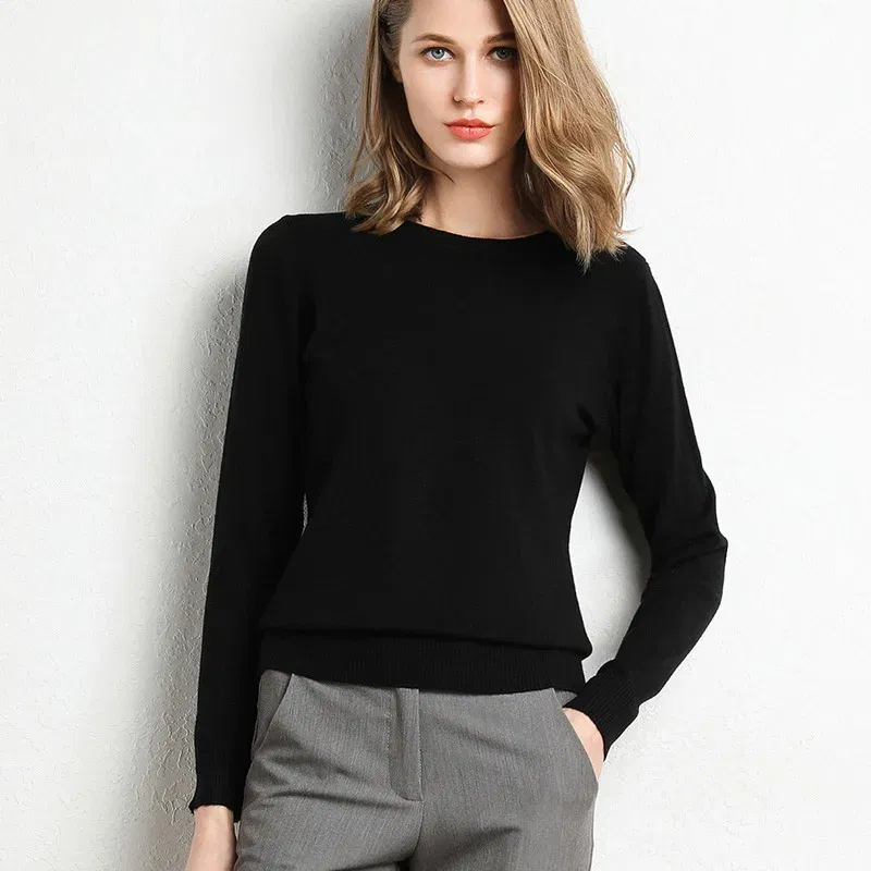 Color: WHITE, Size: S - Women Slim O-Neck Solid Pullover Cashmere Wool Blending Sweater Autumn And Winter Long-Sleeved Knit Bottoming Shirt Large Size