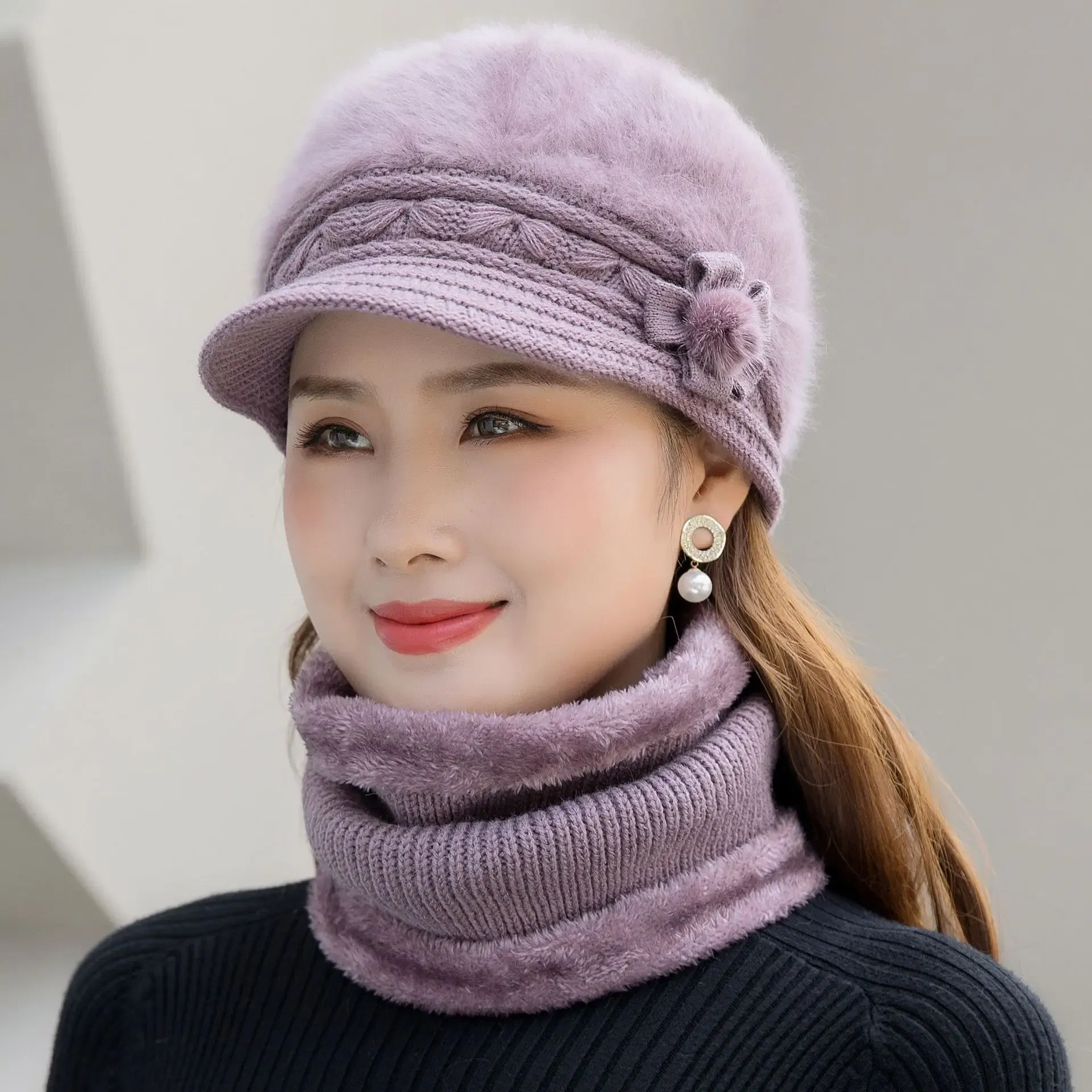 Color: GRAY - New Women Winter Hat Keep Warm Cap Add Fur Lined Hat & Scarf Warm Set Fashion Hat For Women Casual Faux Fur Flower Knitted Hat