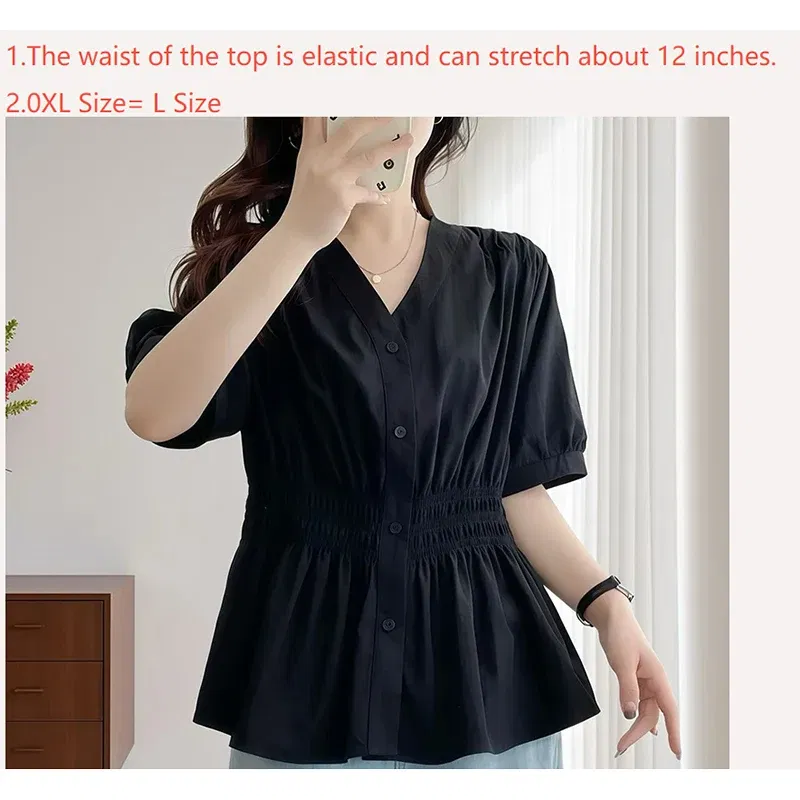 Color: Silver#, Size: 0XL - 200 Pounds Plus Size Elastic Waist Summer Shirt And Blouse Short Sleeve Solid Top Women's New In Clothes Simple V-neck French