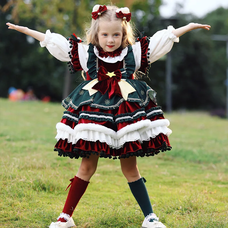 Color: Brown, Kid Size: 6T - New Autumn Winter High-End Baby Girls Velvet Lolita Princess Ball Gown Children Cute Bow Design Birthday Party Dress y1058