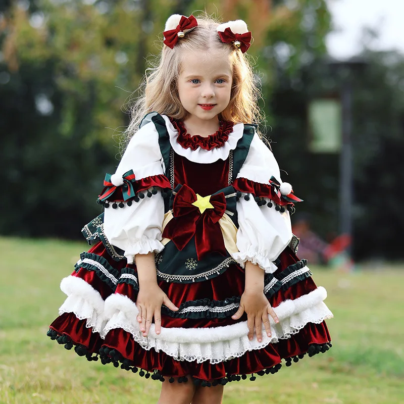 Color: Brown, Kid Size: 6T - New Autumn Winter High-End Baby Girls Velvet Lolita Princess Ball Gown Children Cute Bow Design Birthday Party Dress y1058