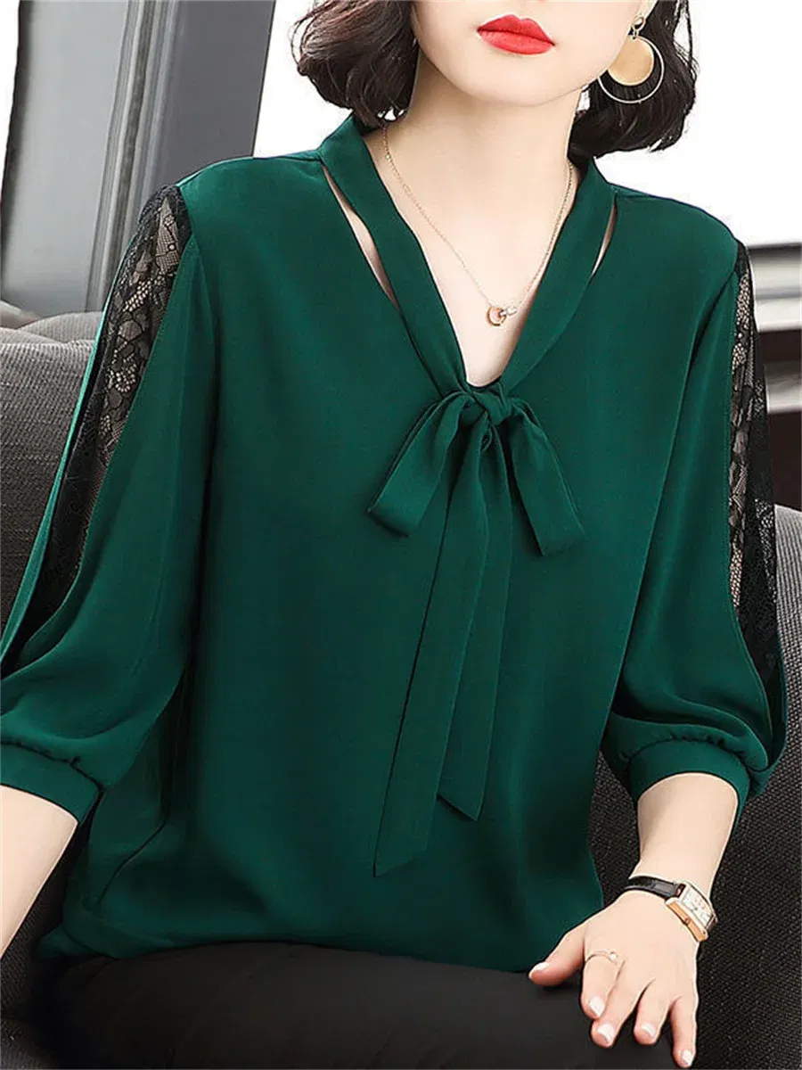 Color: Red, Size: M - Women Spring Summer Style Blouses Tops Lady Casual Bow Tie Colloar Half Lace Sleeve Loose Blusas Tops DF4275