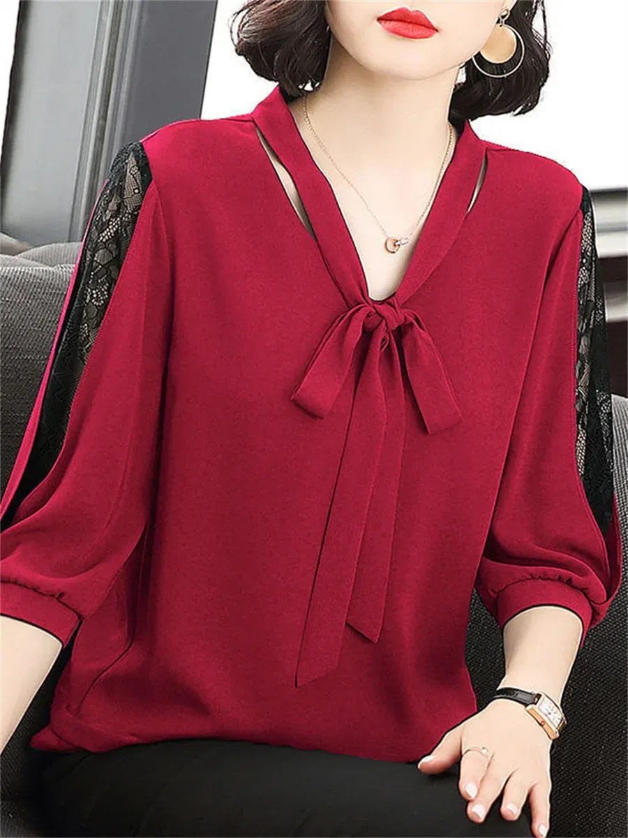 Color: Red, Size: M - Women Spring Summer Style Blouses Tops Lady Casual Bow Tie Colloar Half Lace Sleeve Loose Blusas Tops DF4275