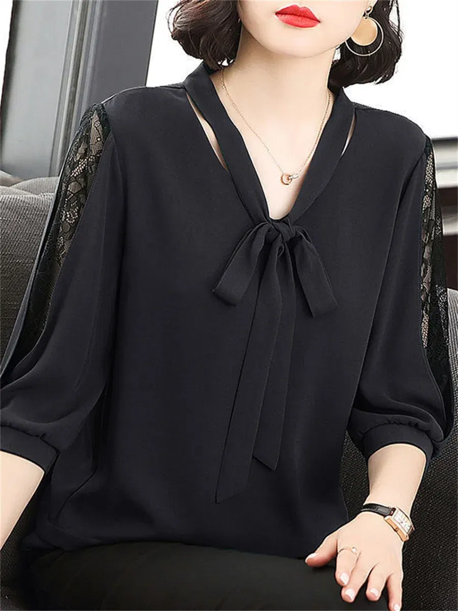 Color: Red, Size: M - Women Spring Summer Style Blouses Tops Lady Casual Bow Tie Colloar Half Lace Sleeve Loose Blusas Tops DF4275
