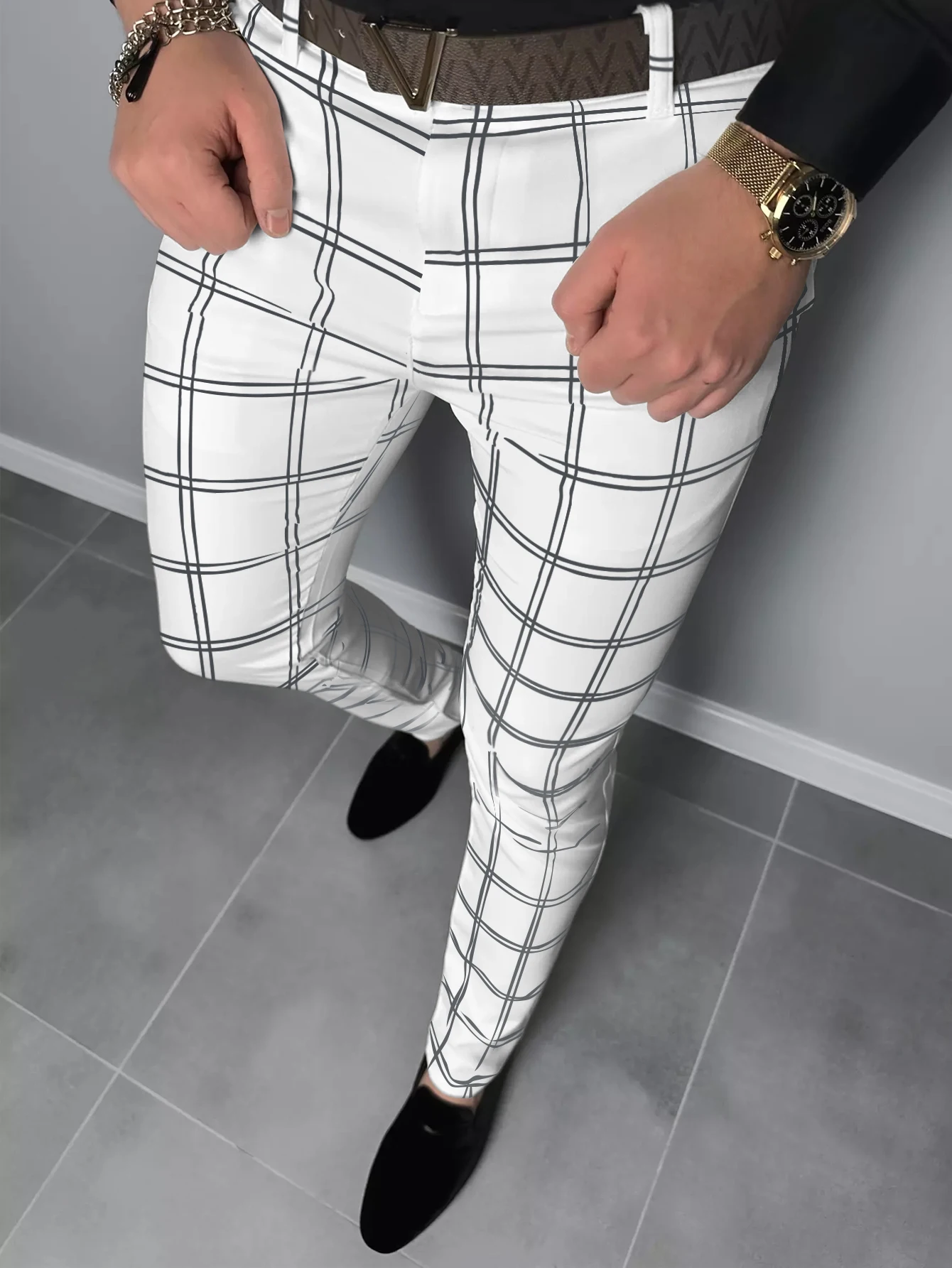 Color: WHITE, Size: M - Checkered Fashion Europe and the United States Style Men's Pants Business Casual Travel Slim Pants Comfortable and Versatile