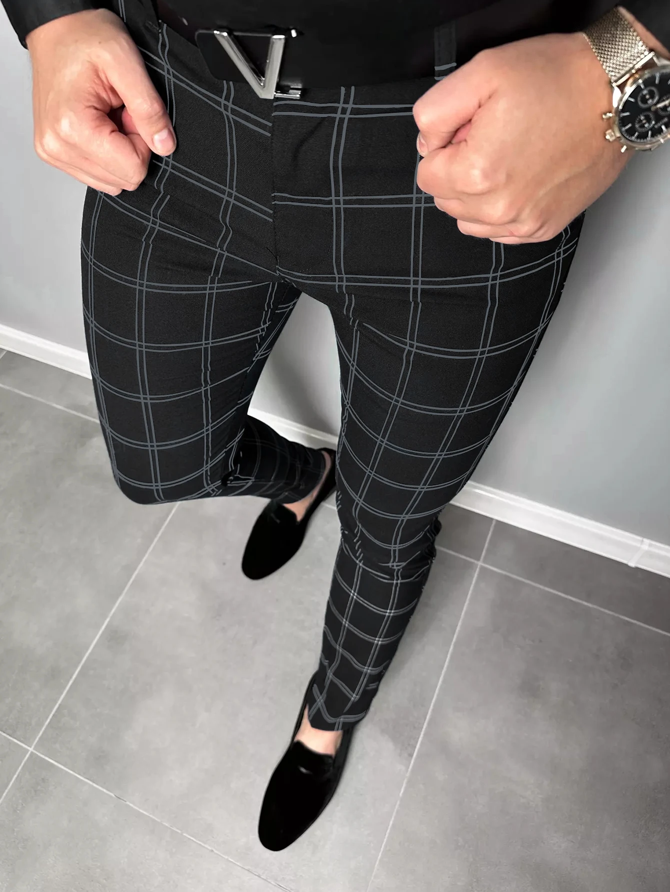 Color: WHITE, Size: M - Checkered Fashion Europe and the United States Style Men's Pants Business Casual Travel Slim Pants Comfortable and Versatile