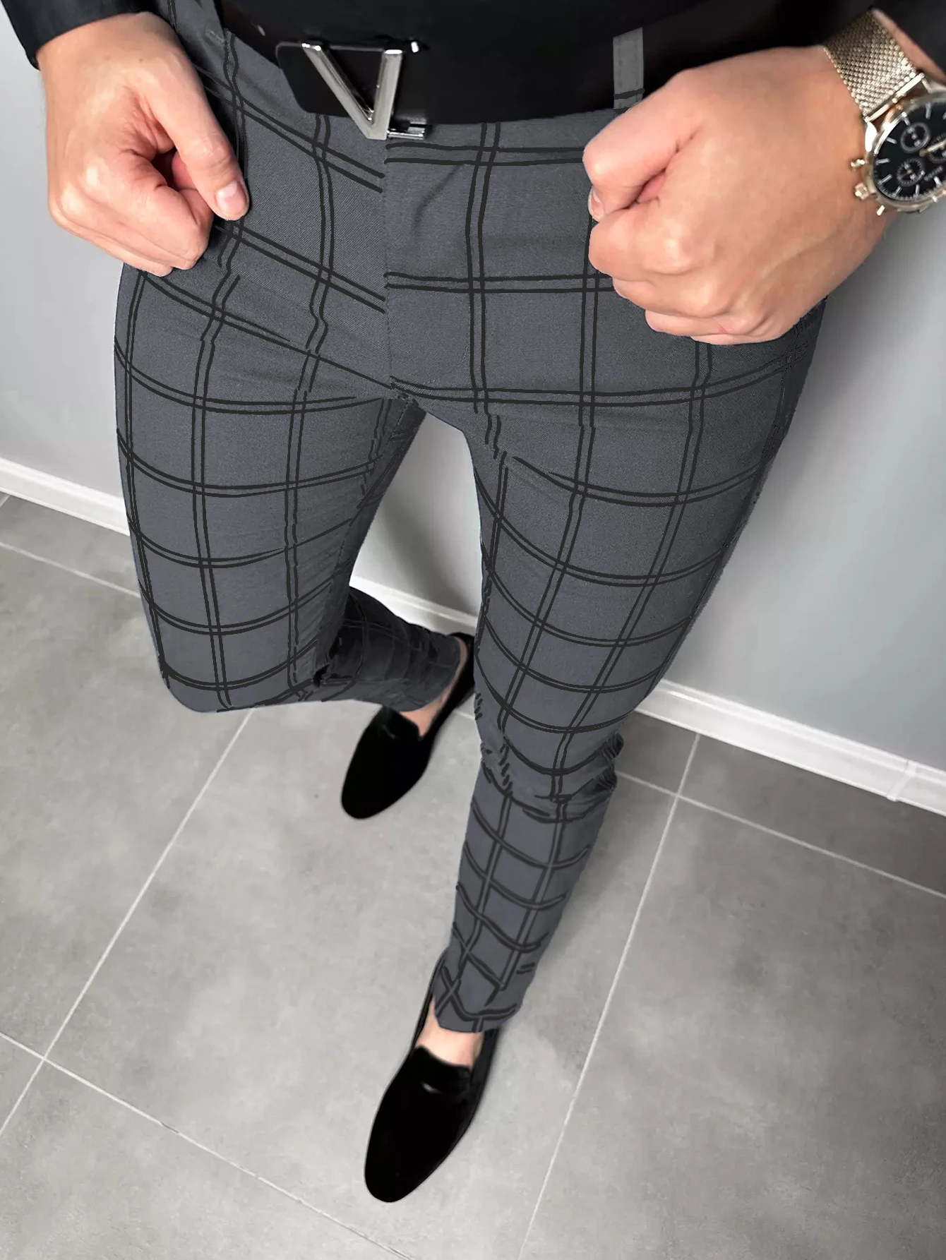 Color: WHITE, Size: M - Checkered Fashion Europe and the United States Style Men's Pants Business Casual Travel Slim Pants Comfortable and Versatile