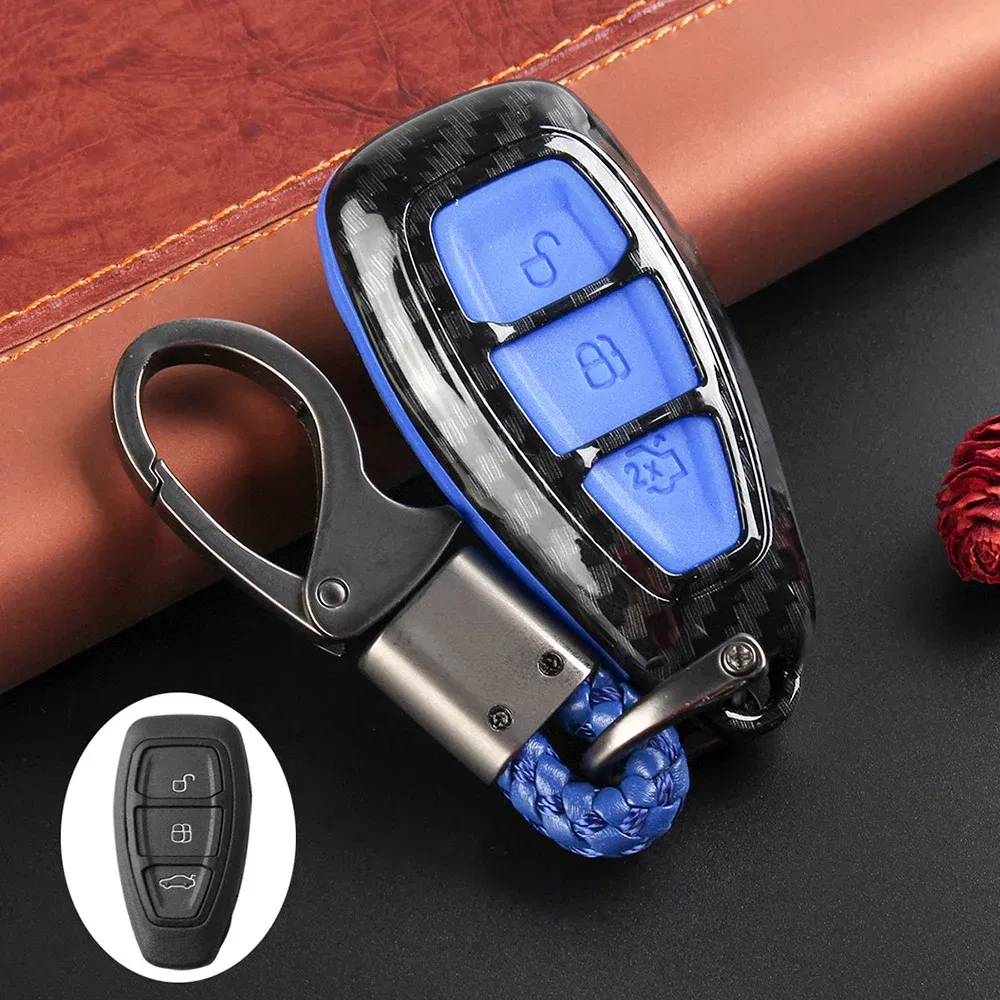 Color Name: Red - Carbon Fiber Remote Key Fob Case Shell Cover Compatible with Fords/Focus/Fiesta/Kuga/C-Max