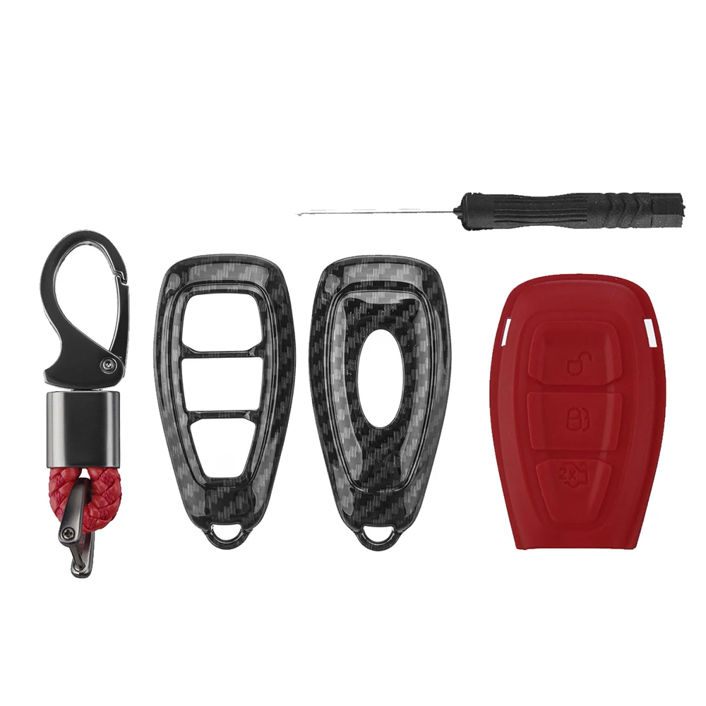 Color Name: Red - Carbon Fiber Remote Key Fob Case Shell Cover Compatible with Fords/Focus/Fiesta/Kuga/C-Max