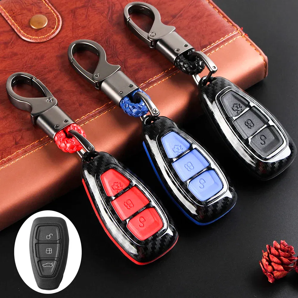 Color Name: Red - Carbon Fiber Remote Key Fob Case Shell Cover Compatible with Fords/Focus/Fiesta/Kuga/C-Max