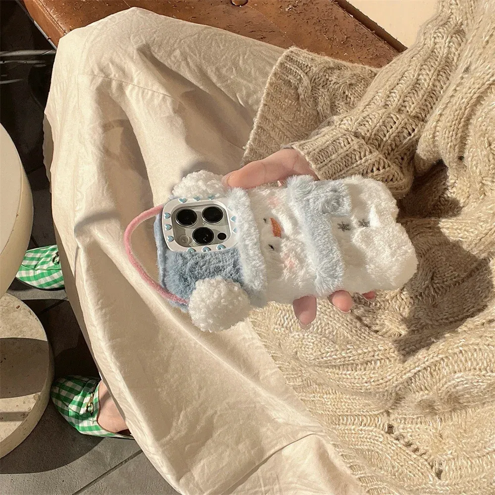 Color: Beige, Material: PU - Cute Cartoon Furry Snowman Case for iPhone 16 15 14 Pro Max 12 13 11 16Pro Plush Winter Warm Love Heart Soft Shockproof Cover