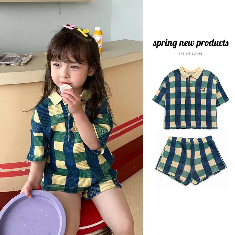 Color: Green, Kid Size: 2T - 2024 INS Children's T-shirt Summer Girls Korean Style Sweet and Cute Dress Polo Top Waffle Set Clothing