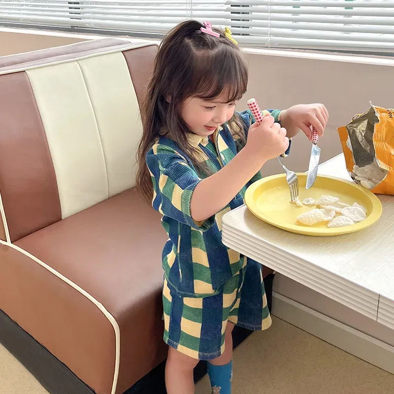 Color: Green, Kid Size: 2T - 2024 INS Children's T-shirt Summer Girls Korean Style Sweet and Cute Dress Polo Top Waffle Set Clothing