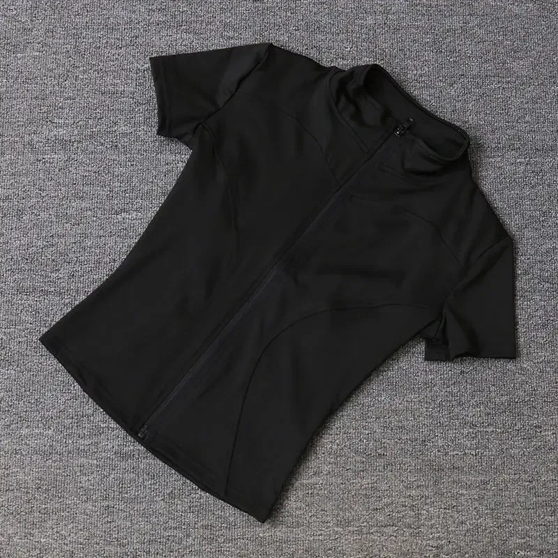 Color: black, Size: XXL - Summer High Quality Waist Slimming Training Tops Women's Quick-drying Tight Stand Collar Full Zipper Short Sleeves Yoga shirts