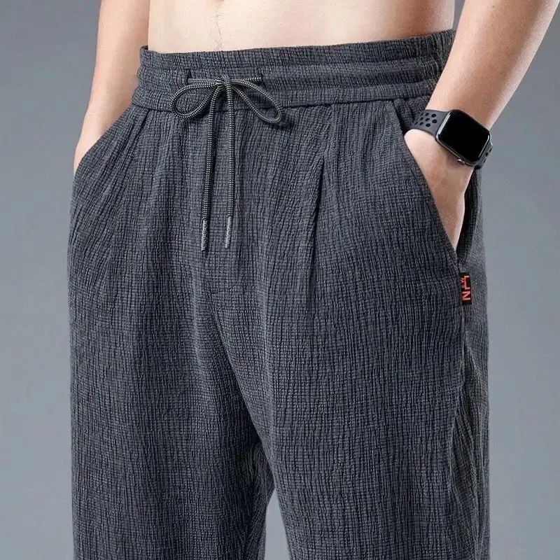 Color: green, Size: XXXL - Summer Ice Silk Man Jogger Linen Pants Casual Wide Summer Sweatpants Male Spring Lightweight Halking Harem Trousers