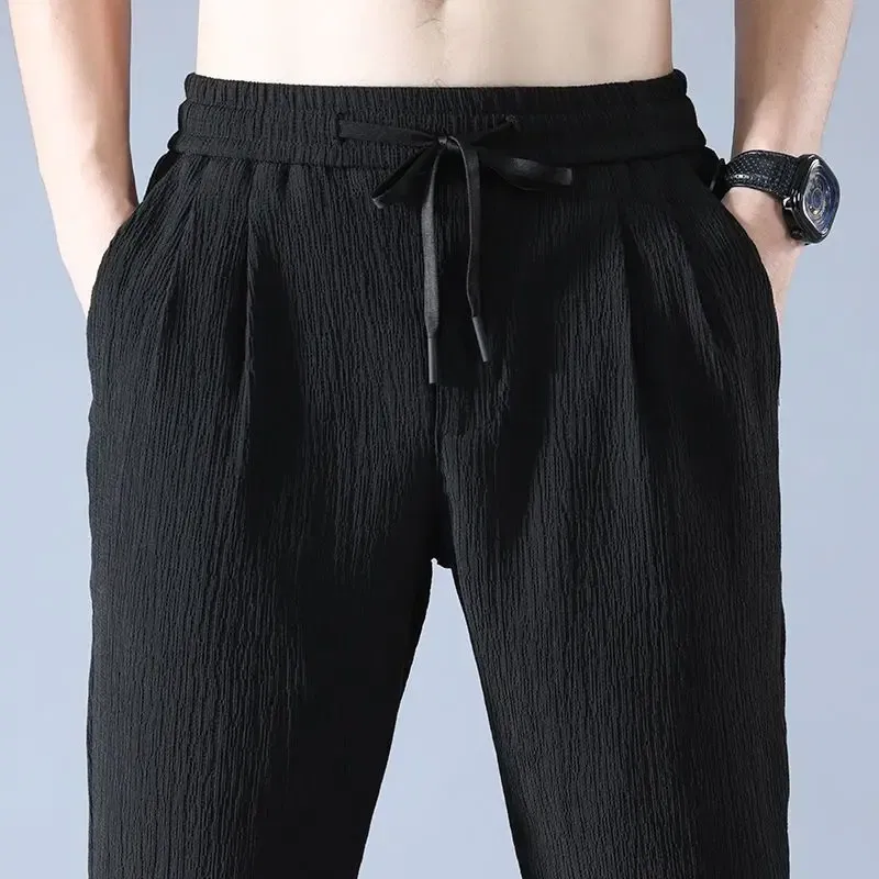 Color: green, Size: XXXL - Summer Ice Silk Man Jogger Linen Pants Casual Wide Summer Sweatpants Male Spring Lightweight Halking Harem Trousers