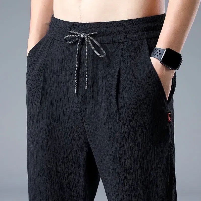 Color: green, Size: XXXL - Summer Ice Silk Man Jogger Linen Pants Casual Wide Summer Sweatpants Male Spring Lightweight Halking Harem Trousers