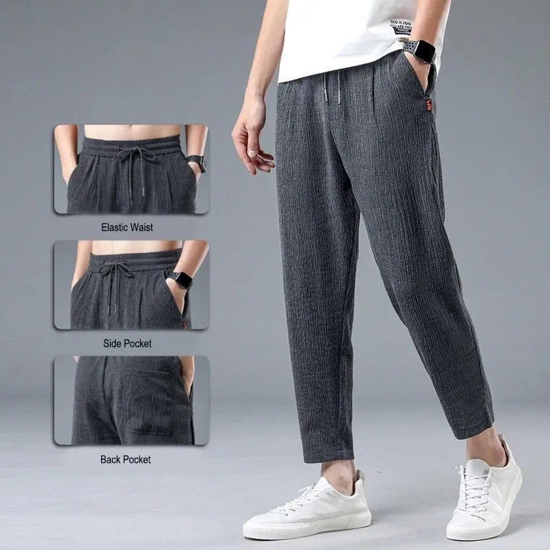 Color: green, Size: XXXL - Summer Ice Silk Man Jogger Linen Pants Casual Wide Summer Sweatpants Male Spring Lightweight Halking Harem Trousers