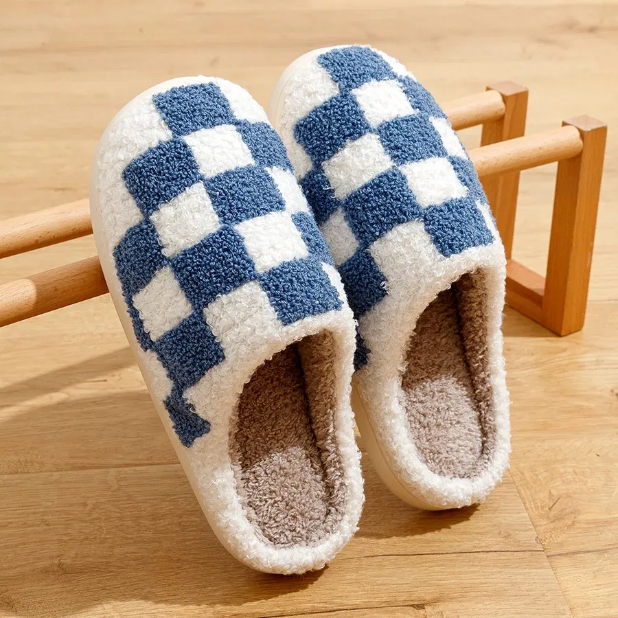 Color: Blue, Shoe Size: 4.5 - New Fuzzy Slippers Fashion Checker Indoor Embroidery Houseshoes Cozy Woman Winter Fluffy House Retro Checkered Print Shoes