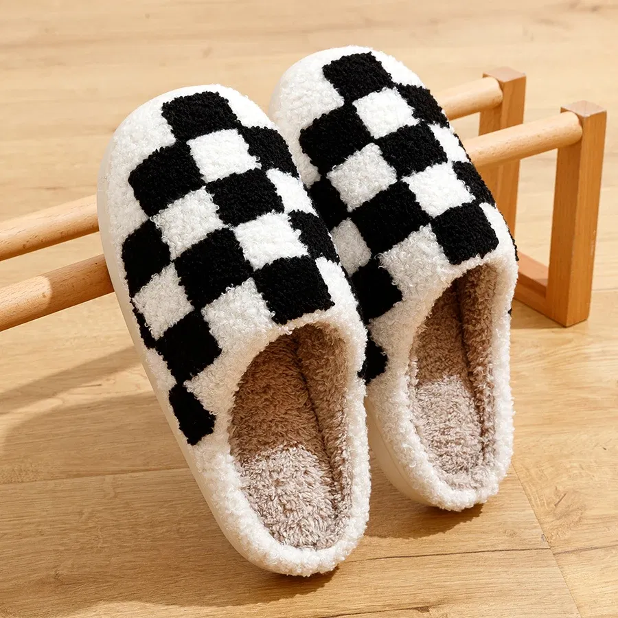 Color: Blue, Shoe Size: 4.5 - New Fuzzy Slippers Fashion Checker Indoor Embroidery Houseshoes Cozy Woman Winter Fluffy House Retro Checkered Print Shoes