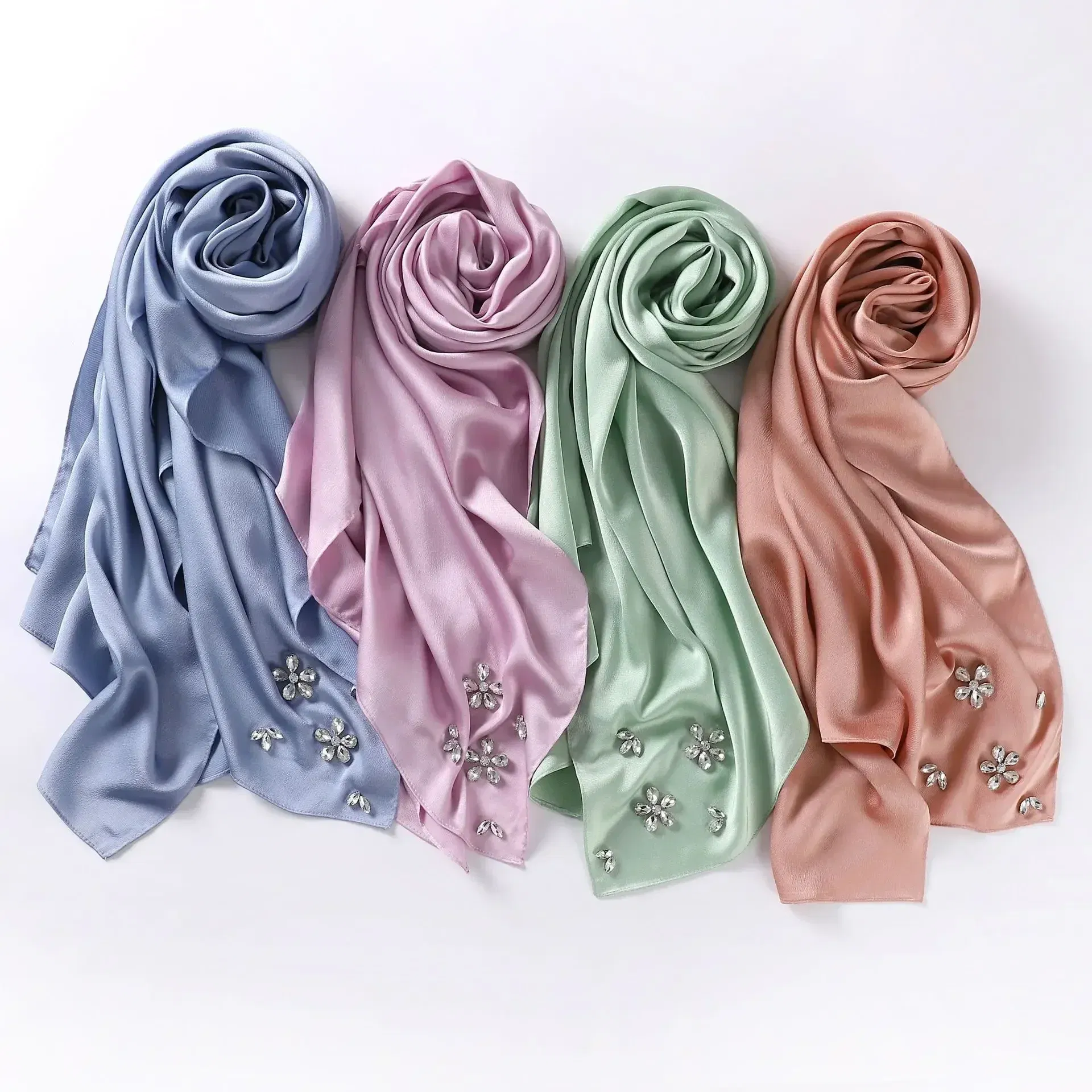Color: Light Coffee - New Designers Diamonds Satin Hijab Chiffon Scarf Women Luxury Silk Scarves Woman Turban Silk Scarfs for Women Bandana Headband