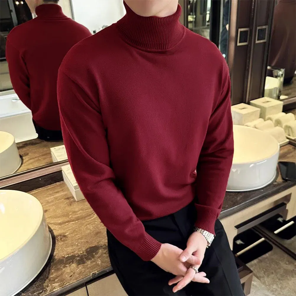 Color: Red, Size: M - Korean Fashion Autumn Winter Sweaters Men Pullovers Fleece Turtleneck Knitted Sweatshirt Warm Bottoming Shirts