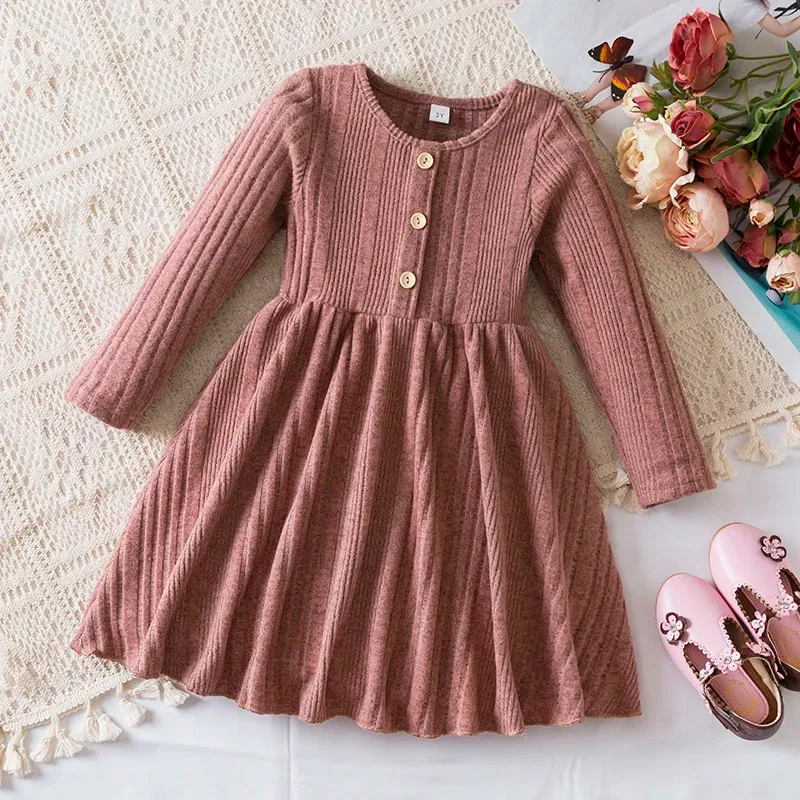 Color: Dark Grey, Kid Size: 7 - Autumn and Winter Girls Knitted Sweater Dress Solid Color Soft Long Sleeve Dress Children Christmas Costume Birthday Casual Wear
