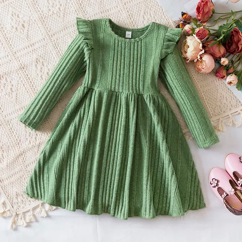 Color: Dark Grey, Kid Size: 7 - Autumn and Winter Girls Knitted Sweater Dress Solid Color Soft Long Sleeve Dress Children Christmas Costume Birthday Casual Wear