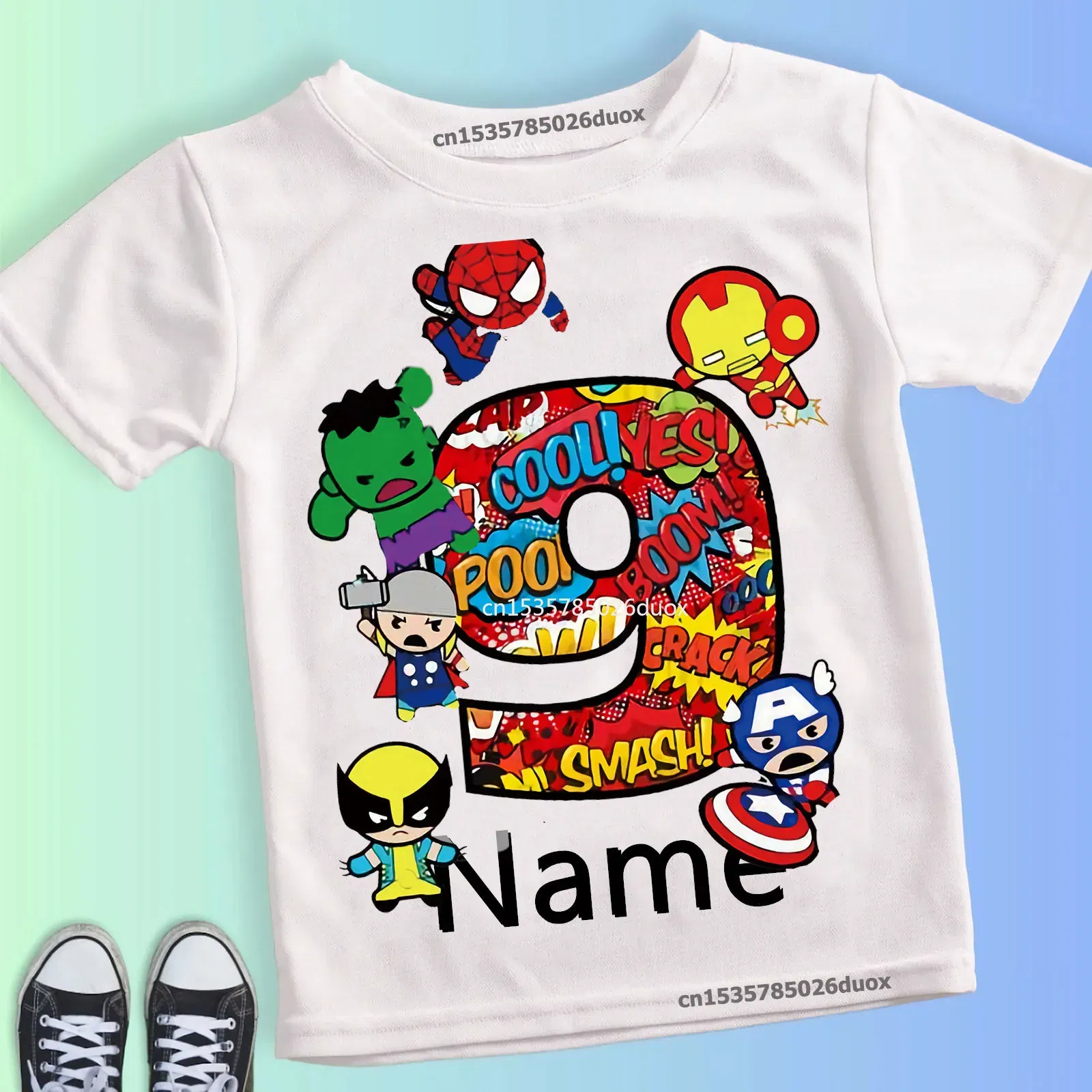 Color: green, Kid Size: 8T - Summer 2024 3 4 5 6 7 8 9 Marvel SuperHero Birthday Girl Short Sleeved T-shirt The Avengers Personalize Name Birthday Boy Shirt