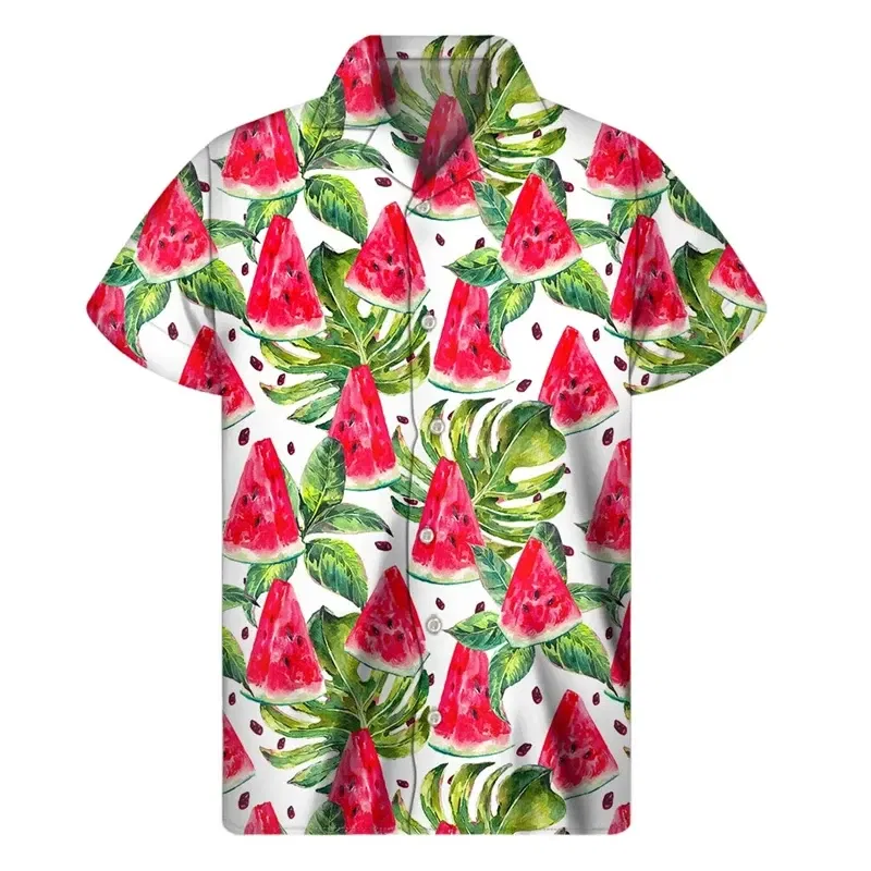 Color: Pink, Size: 4XL - Tropical Watermelon Graphic Hawaiian Shirt Summer Street Short Sleeves 3d Printed Fruits Button Shirts Men Clothes Lapel Blouse