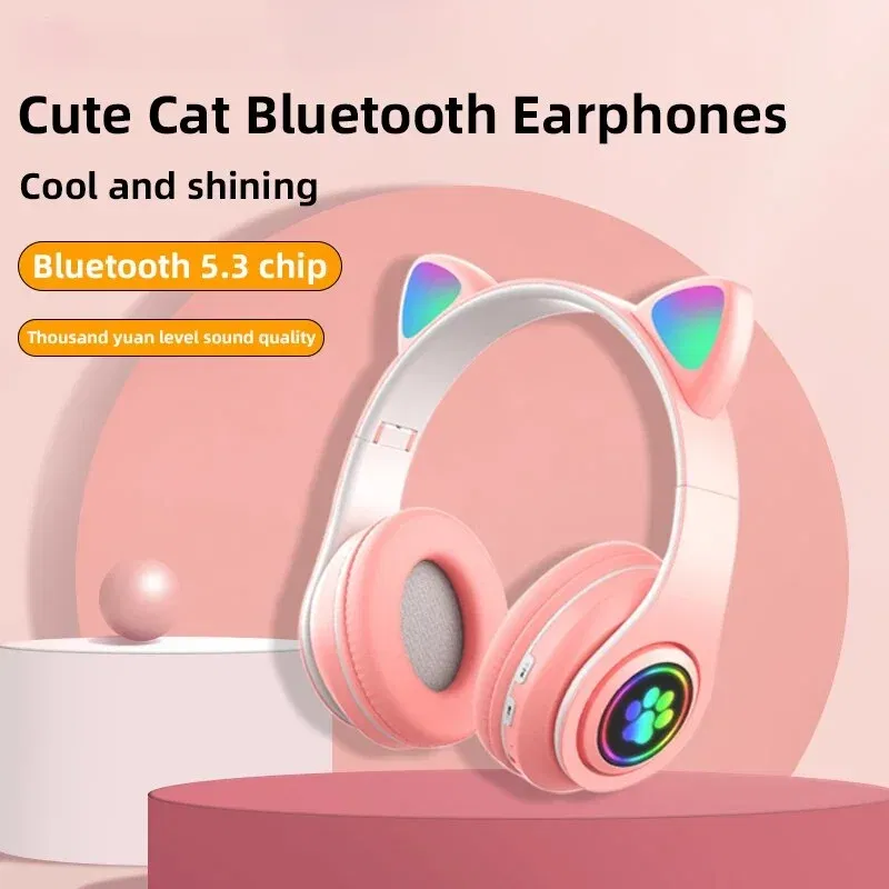 Color: Pink - Cute Cat Wireless Headphones RGB Cute Cat Ears Headset With Microphone Noise Cancelling Kid Stereo Music Children's Gifts