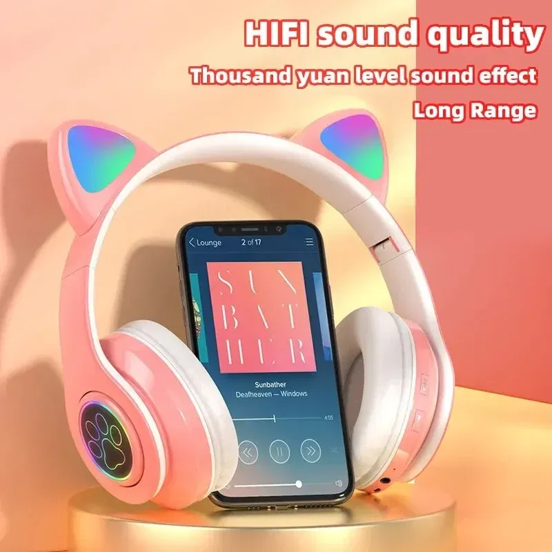 Color: Pink - Cute Cat Wireless Headphones RGB Cute Cat Ears Headset With Microphone Noise Cancelling Kid Stereo Music Children's Gifts