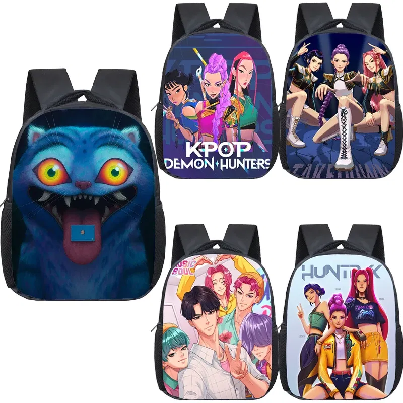 Color: Pink - KPop Demon Hunters School Bags 12inch Lightweight Children Backpack Girls Boys Orthopedic Kids Book Bags Back To School Mochilas